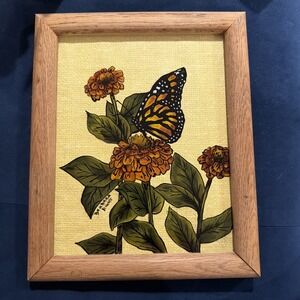Vintage Handpainted Reverse Painted Butterfly & Flower Framed Picture 10x12 1981